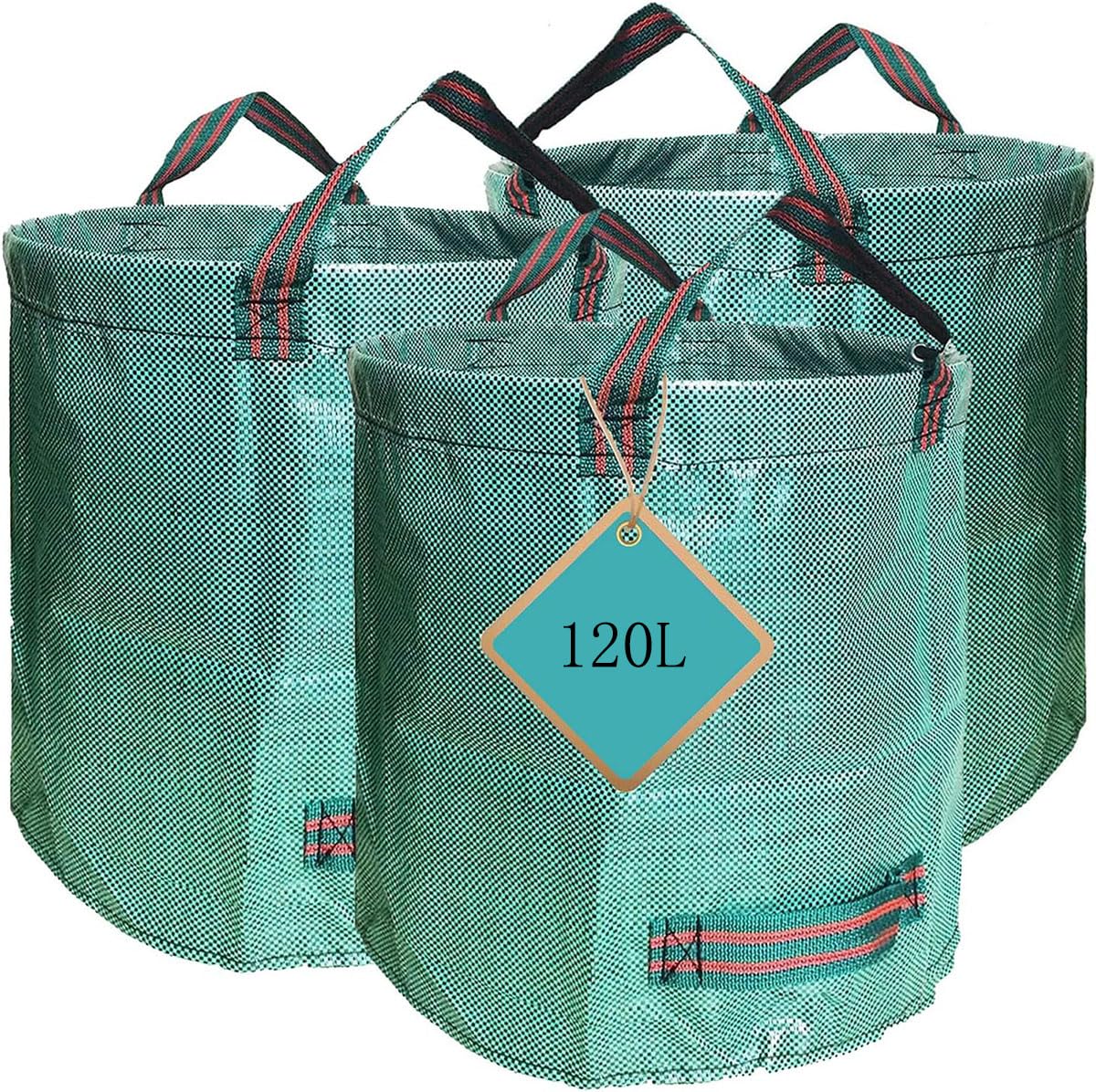 LIDOUK 3 Pack 120L Heavy Duty Garden Bags, Reusable Garden Sacks with Handles, Foldable Camping Recycling Bags for Leaf, Trash, Debris (45 * 76cm)