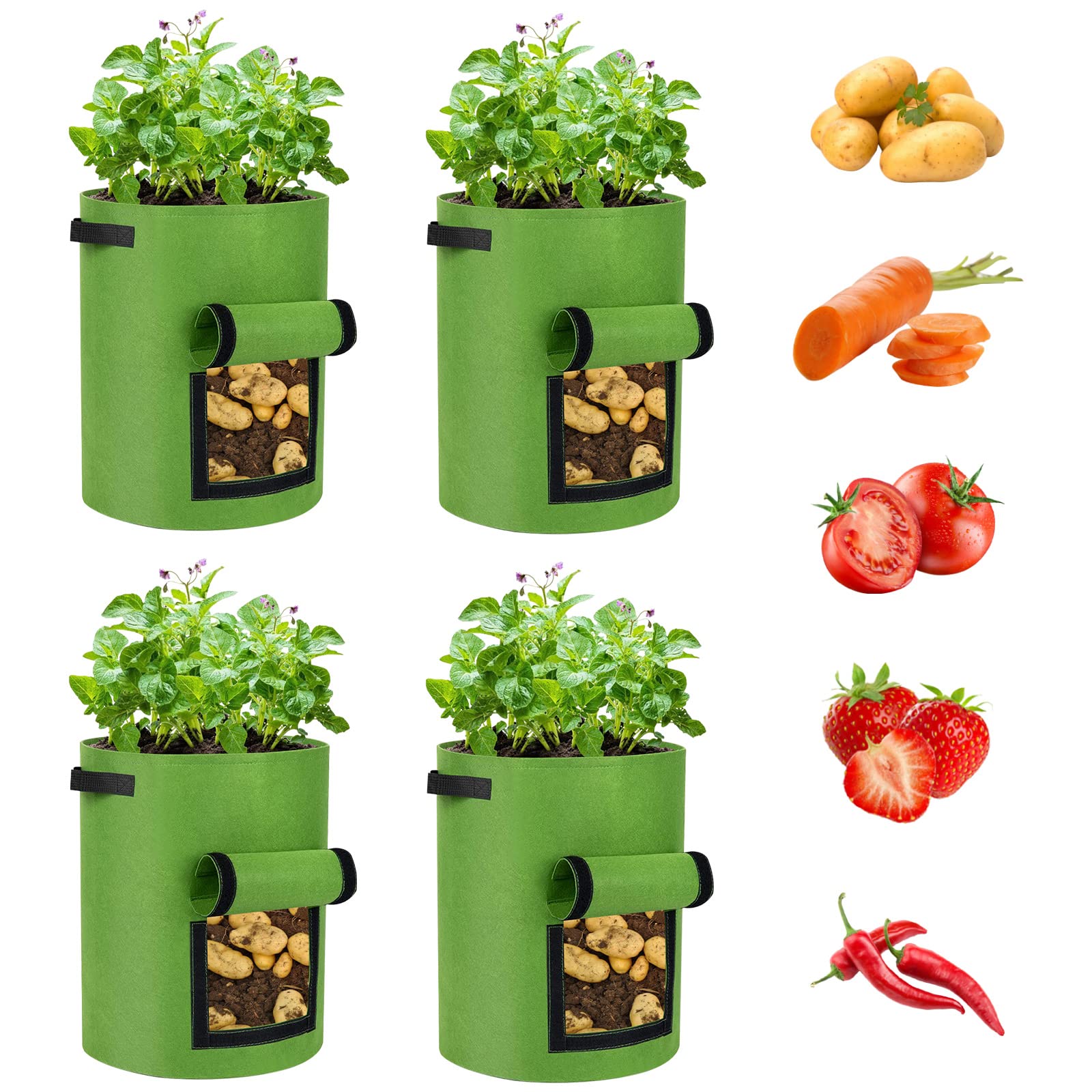 Potato Grow Bags 4 Pack 10 Gallon Potato Growing Bags, Nonwoven Fabric Pots with Handles and Window Flap, Potato Planter Vegetable Growing Containers for Potato Tomato Carrot Onion(Light Green)