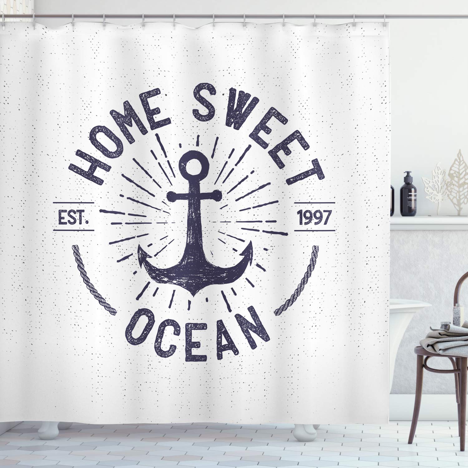 ABAKUHAUS Anchor Shower Curtain, Home Ocean Lettering on a Nautical Sketch with Worn out Background, Cloth Fabric Bathroom Decor Set with Hooks, 70 Inches, Navy Blue and White