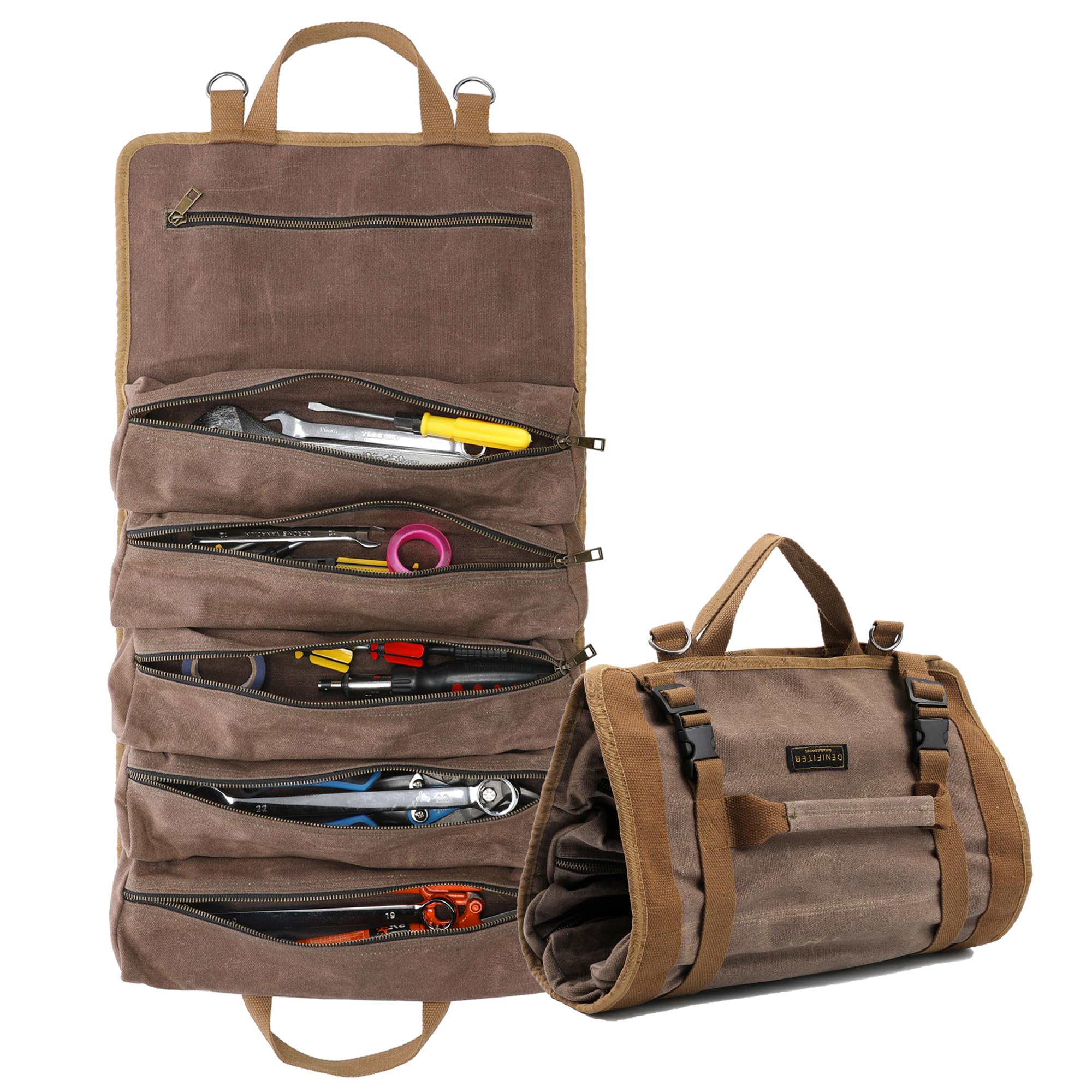 Wrench Tool Roll Bag, Heavy Duty Waxed Canvas Multi-Purpose Tool Organize Bag With 6 Zipper Pockets (Grey)