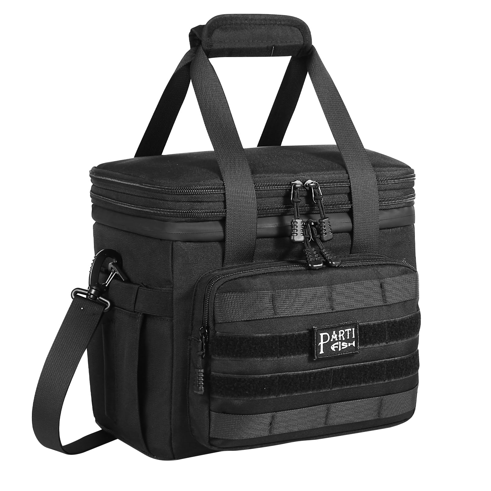 PARTI FISH Cooler bag Lunch Bag 5-Layers Strong Insulated Cool Bag for Men 15-18L 2-Decks Large Expandable Water-Leak-proof Anti-slip-fall Tote Shoulder Lunch Kit Travel Golf Wine Work, Tactical Black
