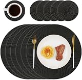 Homcomodar Round Placemats and Coasters Set of 6 Black Braided Woven