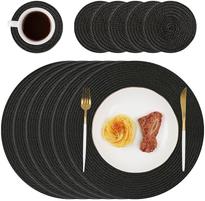 Homcomodar Round Placemats and Coasters Set of 6 Black Braided Woven