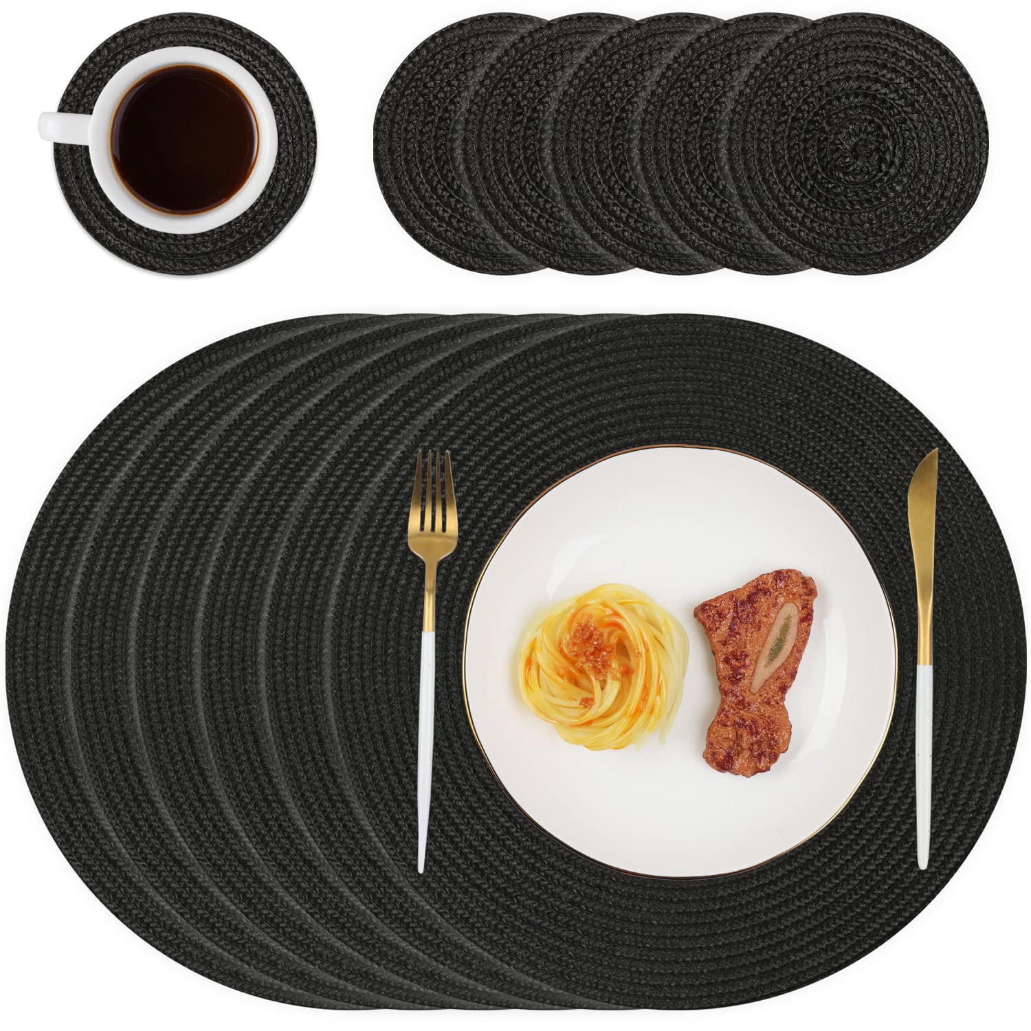 Homcomodar Round Placemats and Coasters Set of 6 Braided Woven Table Place Mats for Dining Table(Black) — image 1
