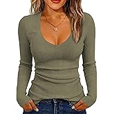 iGENJUN Women Long Sleeve V Neck Shirts for Women Business Casual Work Top Knit Slim Fit for Fall