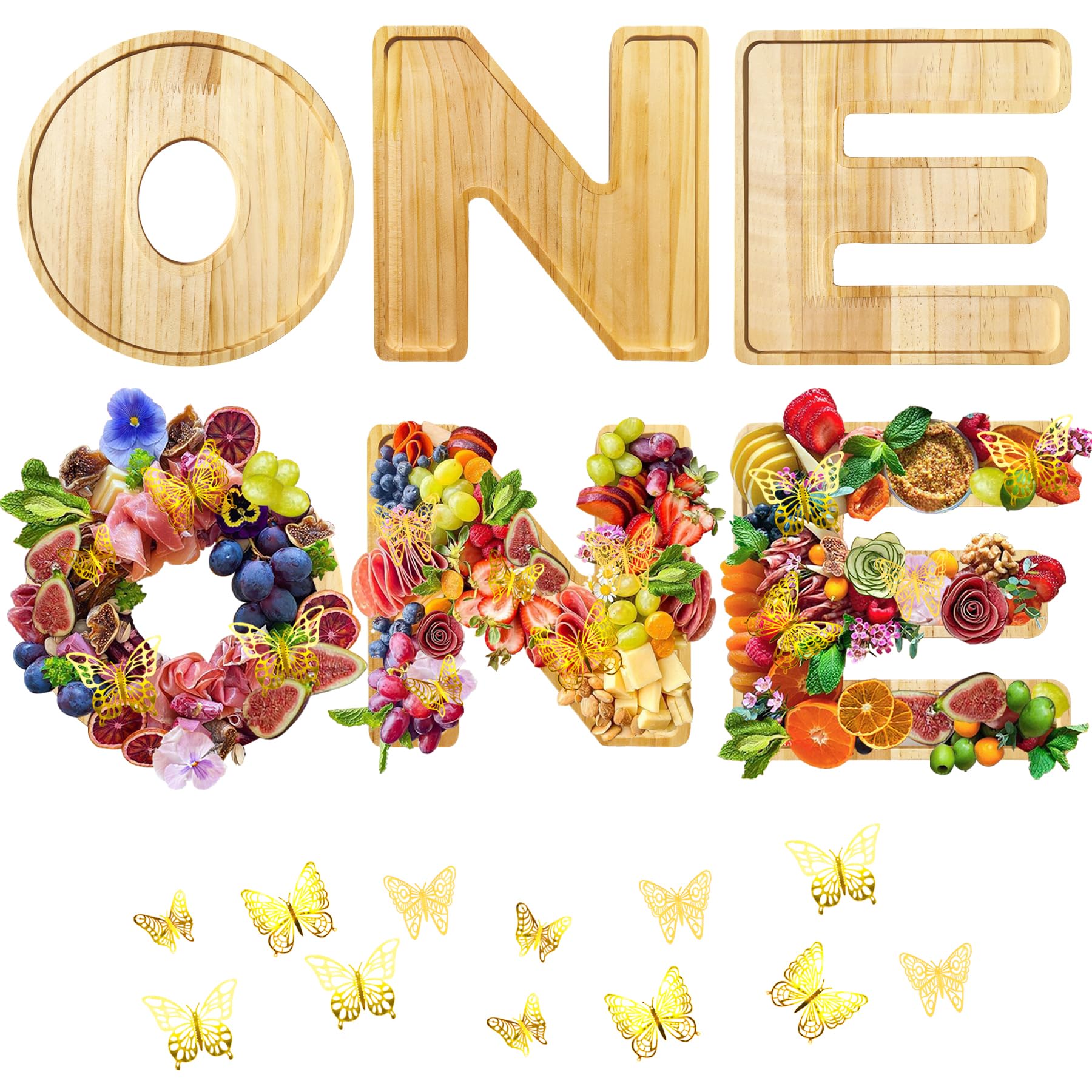 Photo 1 of 9 Inch Wooden One Charcuterie Board Letters 3pcs One Food Serving Tray Letters with 24 Gold Butterfly for 1st Birthday Baby Shower Party Food Dessert Table