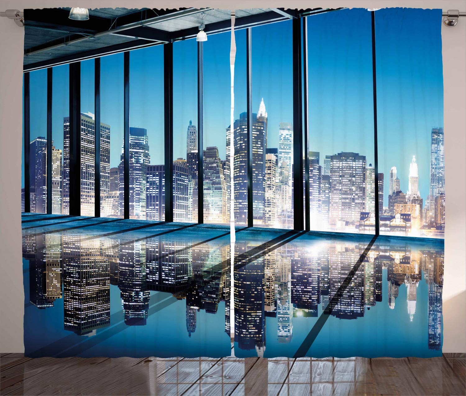 ABAKUHAUS Modern Curtains, Office Cityscape Buildings with Glassy Interior Room Image Photograph, Living Room Bedroom Window Drapes 2 Panel Set, 89 L X 110 W, Blue Black and White