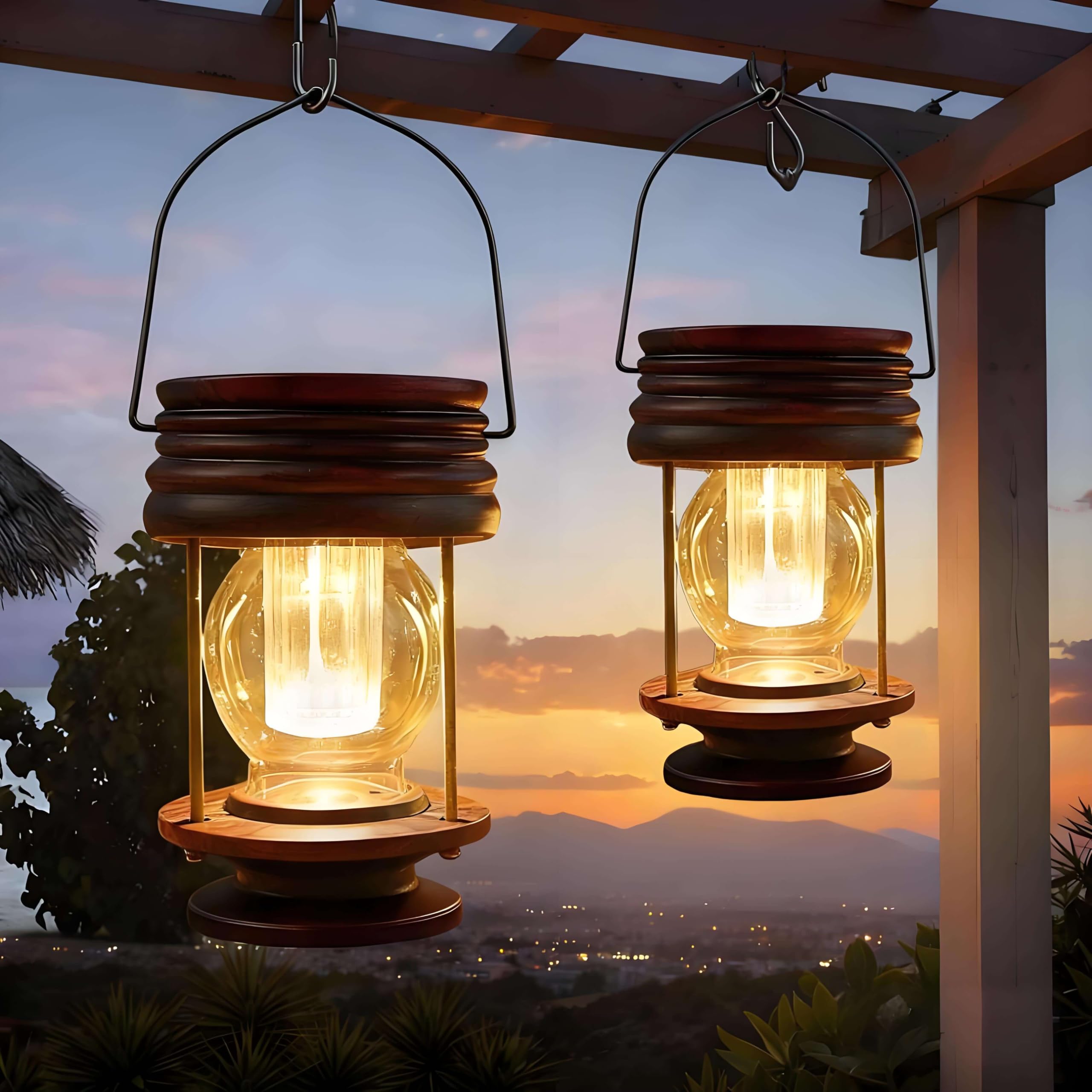 pearlstar Solar Lantern - Hanging Lights Outdoor - 2 Pack Solar-Powered Waterproof Led Lanterns Vintage Design for Landscape,Yard,Garden,Pathway,Beach,Pavilion Decoration (Warm Lights)