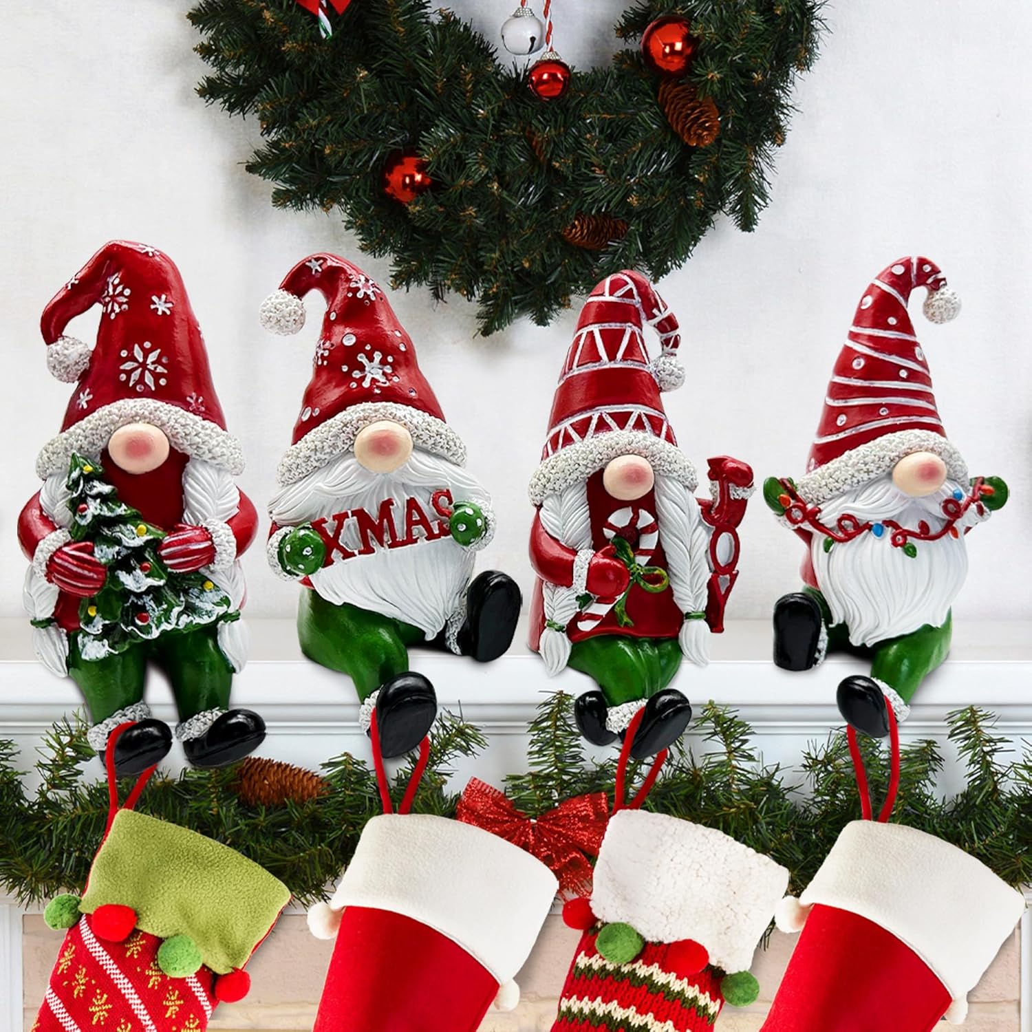 Stockings & Holders - Christmas 3d Gnome Stocking Holders for Mantle, Red Christmas Decorations Indoor Stocking Holder, Weighted Non-Slip Stocking Hangers for Mantel Set of 4, Red Gnome Christas Decor Gifts for Women Men