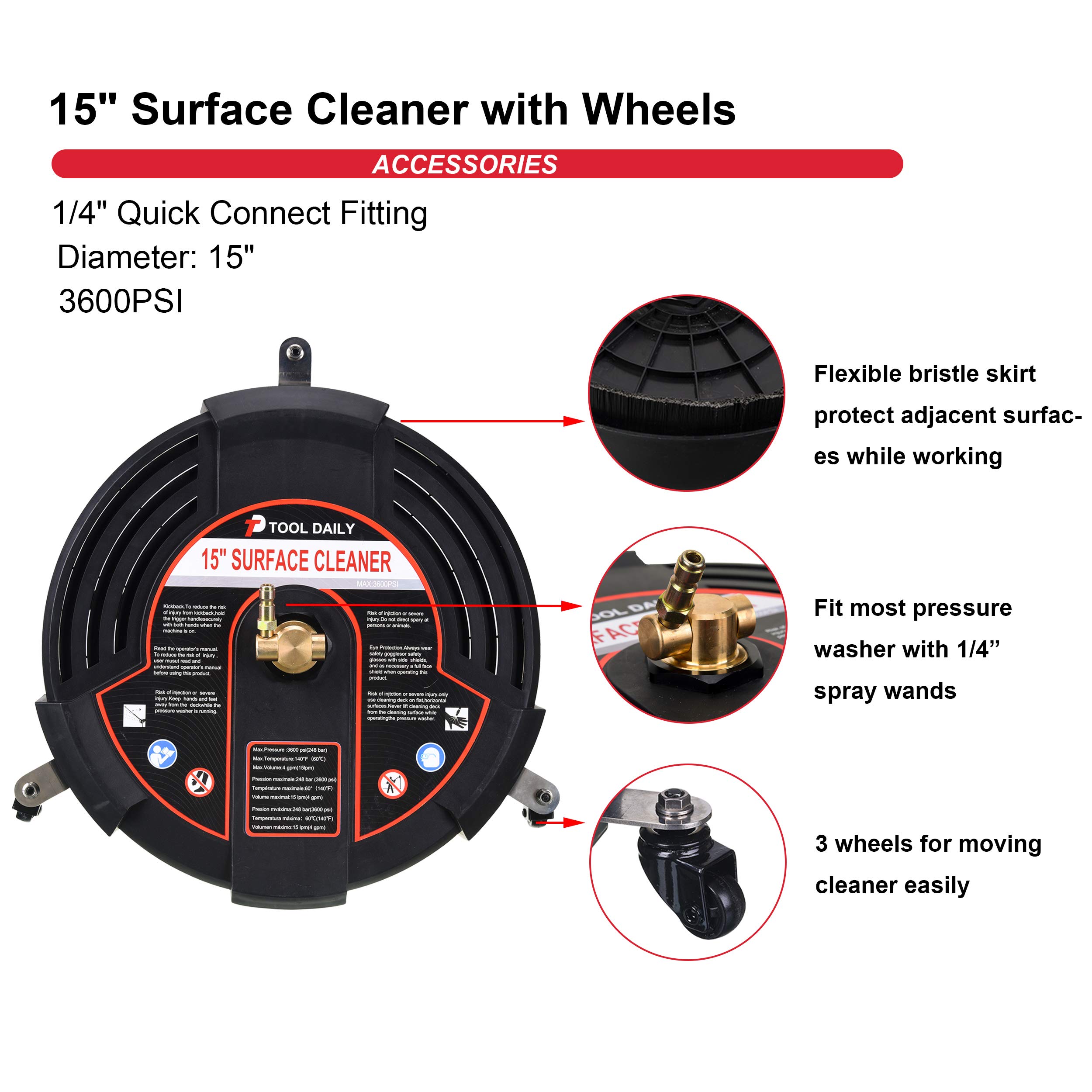Tool Daily 15 Inch Pressure Washer Surface Cleaner Attachment with Wheels, with 2 Power Washer Extension Wands and 2 Replacement Nozzles, 3600 PSI, Black
