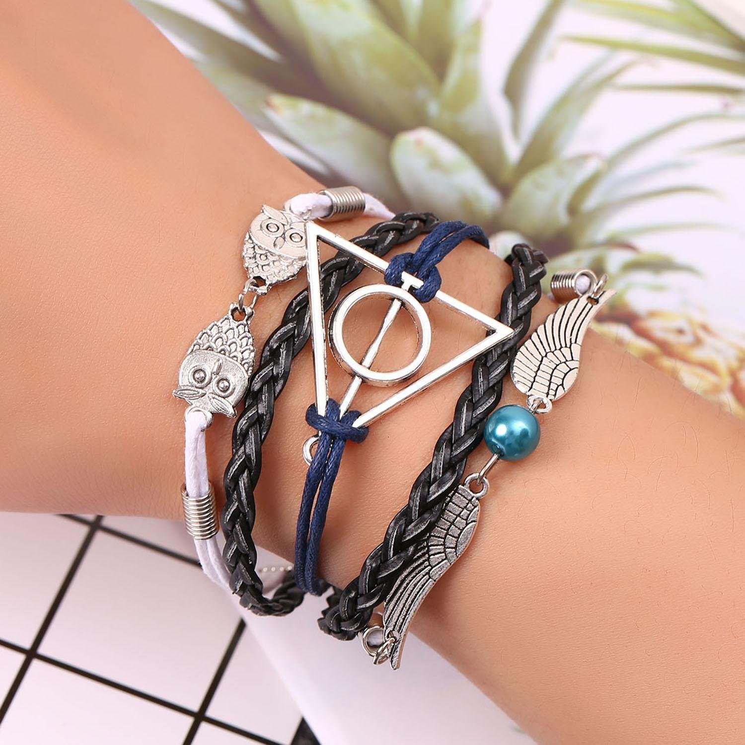 GuGio Charm Bracelet Deathly Hallows Angel Wings Owl Adjustable Wristband for Men Women