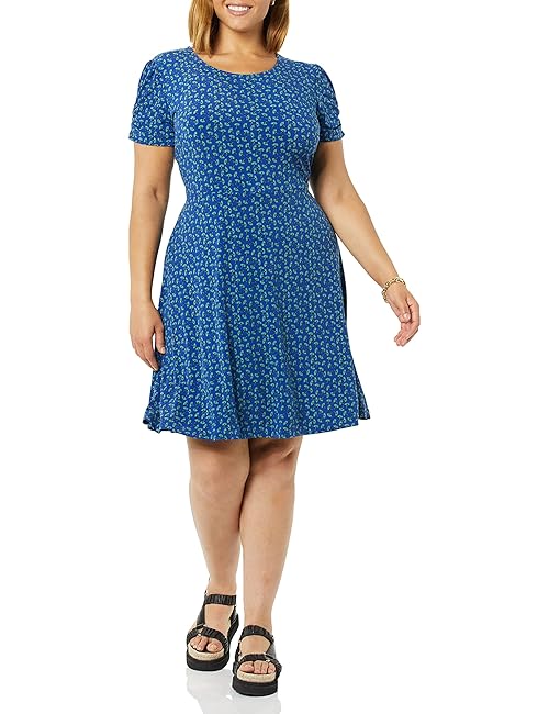 Amazon Essentials Women's Gathered Short Sleeve Crew Neck A-line Dress (Available in Plus Size), Bright Blue Floral, X-Small