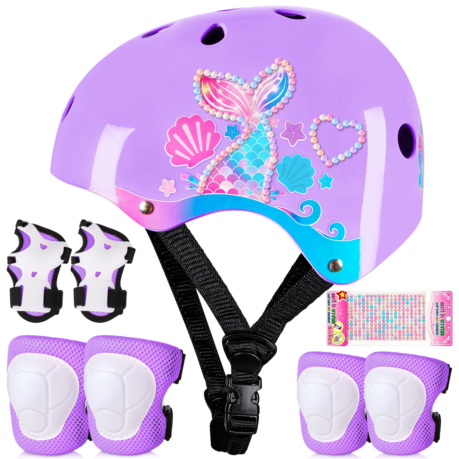 Kids Helmet and Pads Set Age 3-8 Years Adjustable Toddler Helmet with DIY Stickers for Skateboard Scooter Cycling Skating,Purple
