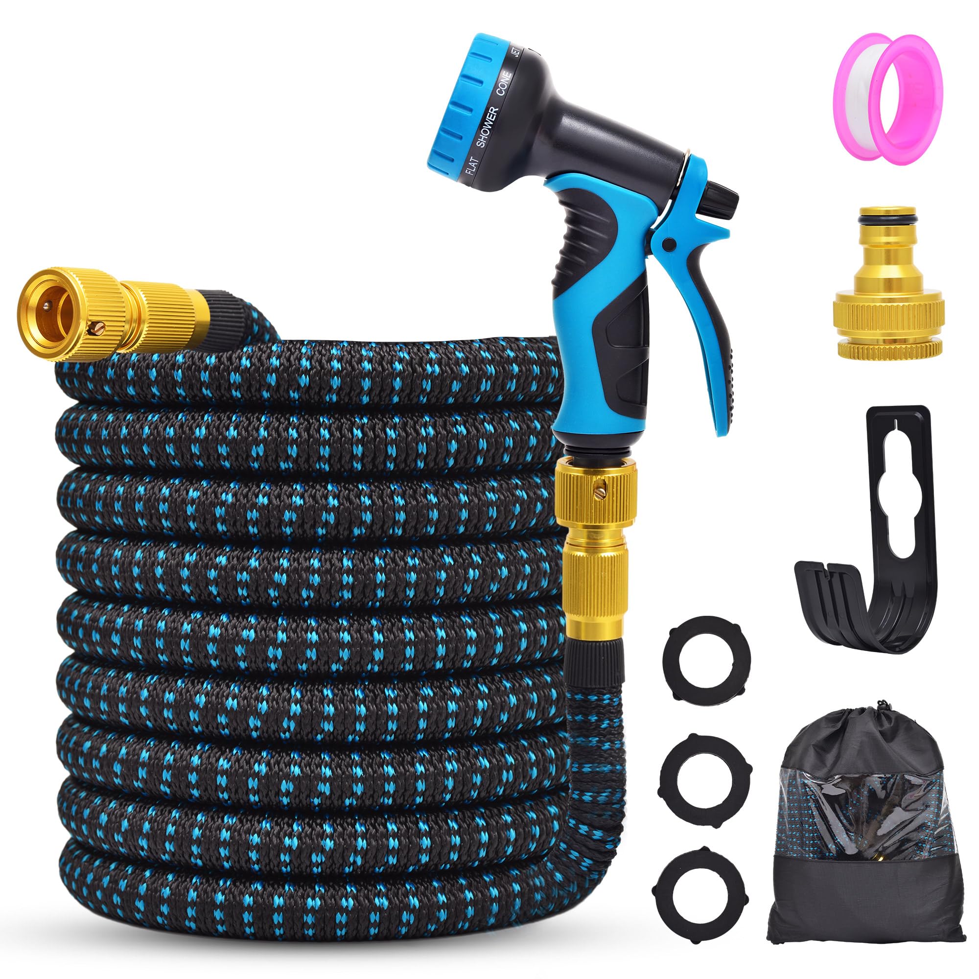 Garden Hose 15M/30M/45M Garden Hose with 3/4" and 1/2" Solid Brass Connectors, 10 Functional Nozzles, Flexible Hose
