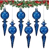 6PCS 6-Inch Hand-Blown Glass Finial Christmas Tree Hanging Ornaments -Large Elegant Clear Glass Vintage Holiday Decorations for Tree, Mantel, Party - Luxury Handmade Seasonal Décor(Blue)