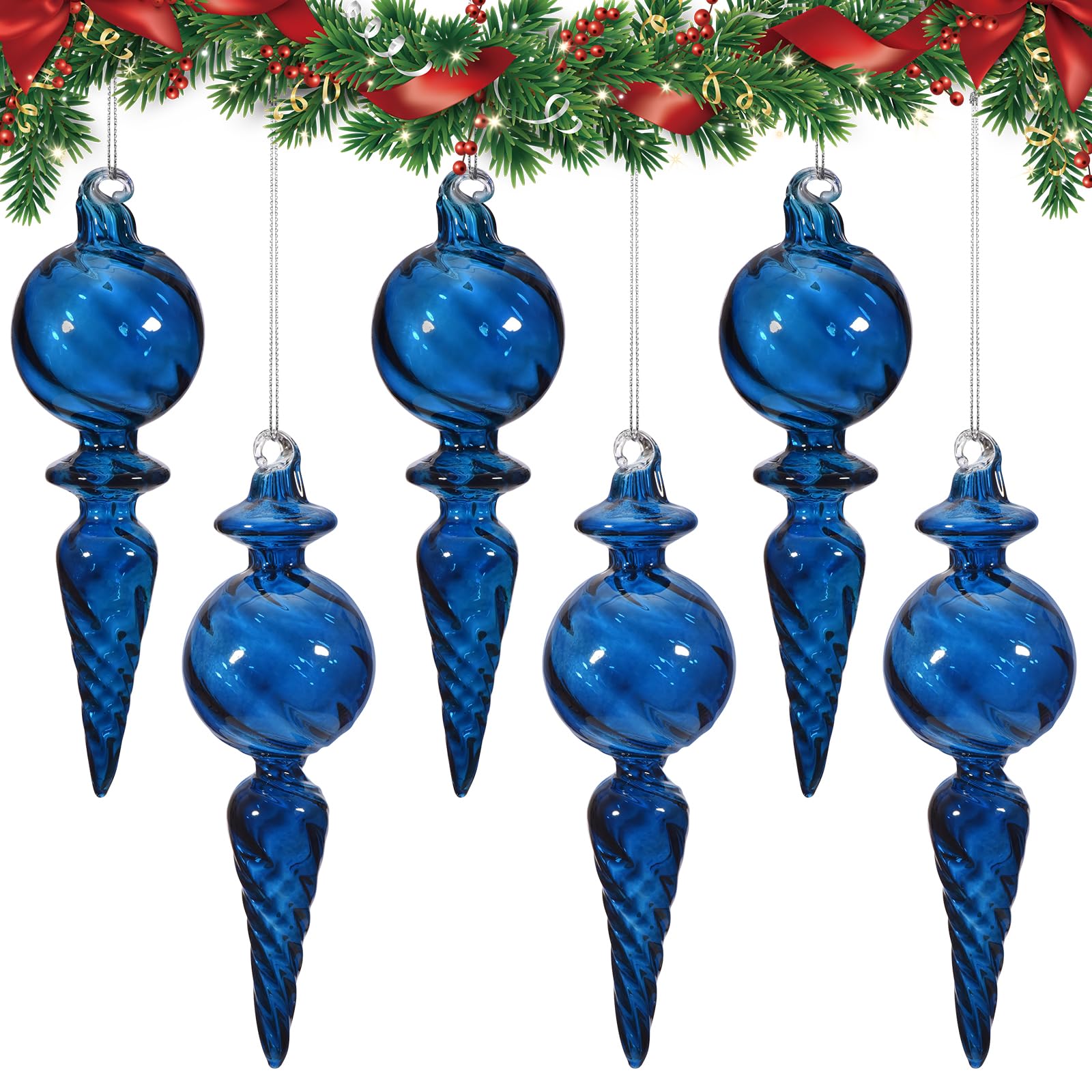 Photo 1 of ***(MISSING 2/ NOT A COMPLETE SET)***6PCS 6-Inch Hand-Blown Glass Finial Christmas Tree Hanging Ornaments -Large Elegant Clear Glass Vintage Holiday Decorations for Tree, Mantel, Party - Luxury Handmade Seasonal Décor(Blue)