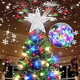 Kesfitt Christmas Tree Topper with 10M Colorful Light Cord, Tree Top Star Decoration with 6 Projection Modes, Silver Tree Topper Lighted 3D Glitter Dynamic Projection for Xmas Party Holiday