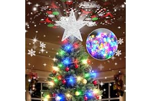 Kesfitt Christmas Tree Topper with 10M Colorful Light Cord, Tree Top Star Decoration with 6 Projection Modes, Silver Tree Topper Lighted 3D Glitter Dynamic Projection for Xmas Party Holiday