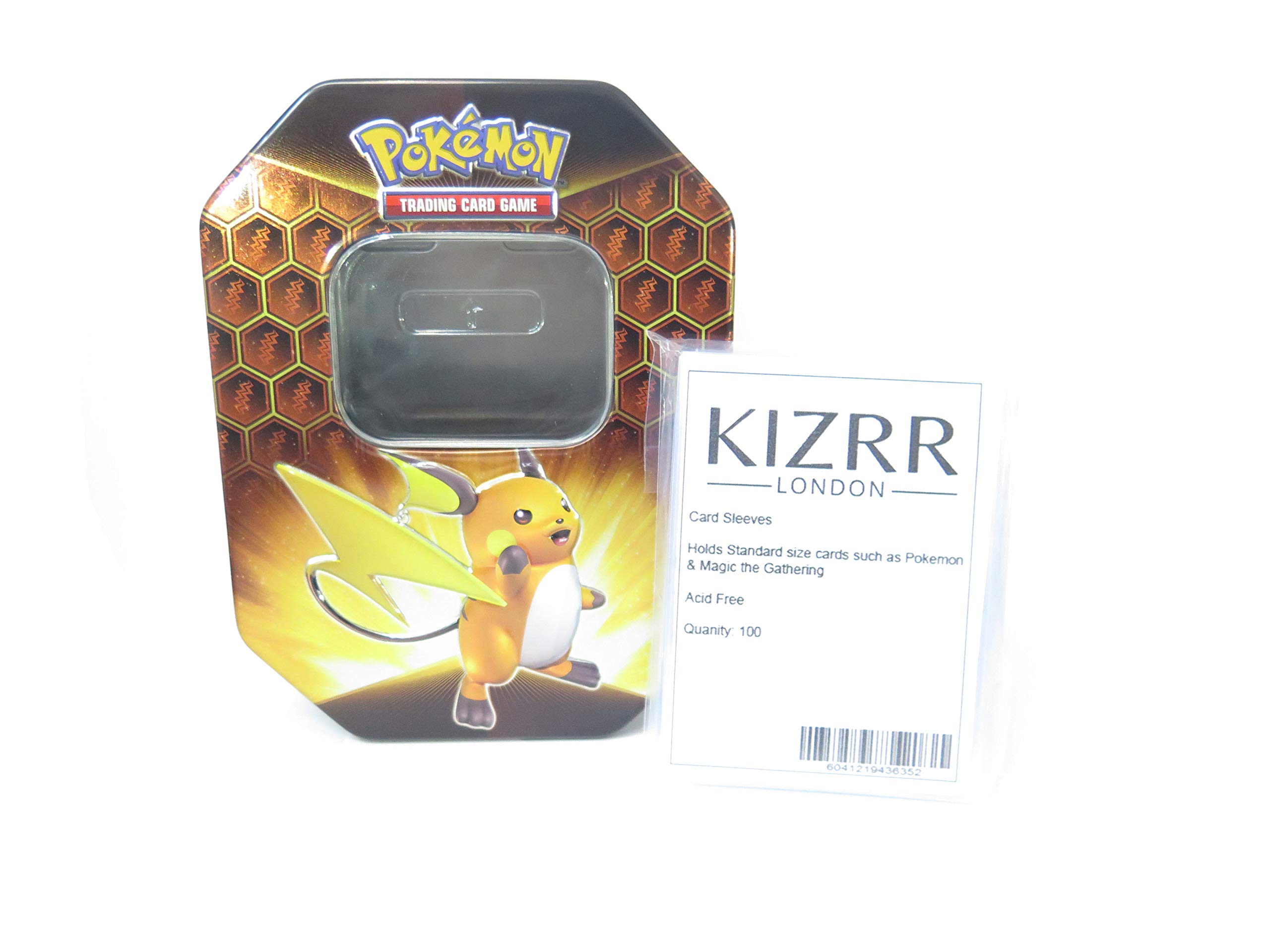 Kizrr London Sleeves x 100 with EMPTY Hidden Fates Raichu GX Collectors Storage Tin!