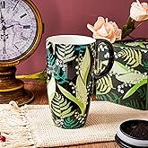 Topadorn Ceramic Coffee Mug with Lid 17oz - Elegant Porcelain Cup for Daily Coffee & Tea at Home or Office,Green Leaf