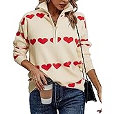 Heart Sweater for Women V Neck Valentines Sweatshirt Quarter Zip Pullover Ribbed Knitted Sweaters Loose Slouchy Tops