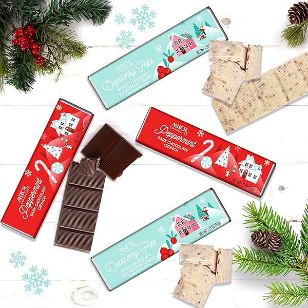 ASTOR CHOCOLATE HOLIDAY 4 BAR GIFT PACK | ASSORTED CHRISTMAS DARK CHOCOLATE PEPPERMINT CRUNCH AND WHITE CHOCOLATE CRANBERRY FIZZ POPPING CANDY SNACK BOX SET | HOLIDAY GIFTS FOR ADULTS MEN WOMEN KIDS | GOURMET BELGIAN CHOCOLATE HOLIDAY 2024 BASKET