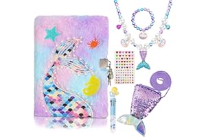 YGSEPCC Mermaid Diary with Lock, Gift for Ages 6 7 8 9 Year Old Girl Gifts, Journal Notebook Set with Purse, Necklace, Bracelet, Multicolored Pen, Love Diamond Sticker, Cute Plush Secret Diary for Kids