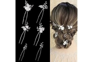Handmade Pearl Bridal Wedding Hair Pins, 6Pcs White Flower Silver Leaf Pearls Clips Headpiece Accessories Jewelry for Bridesm