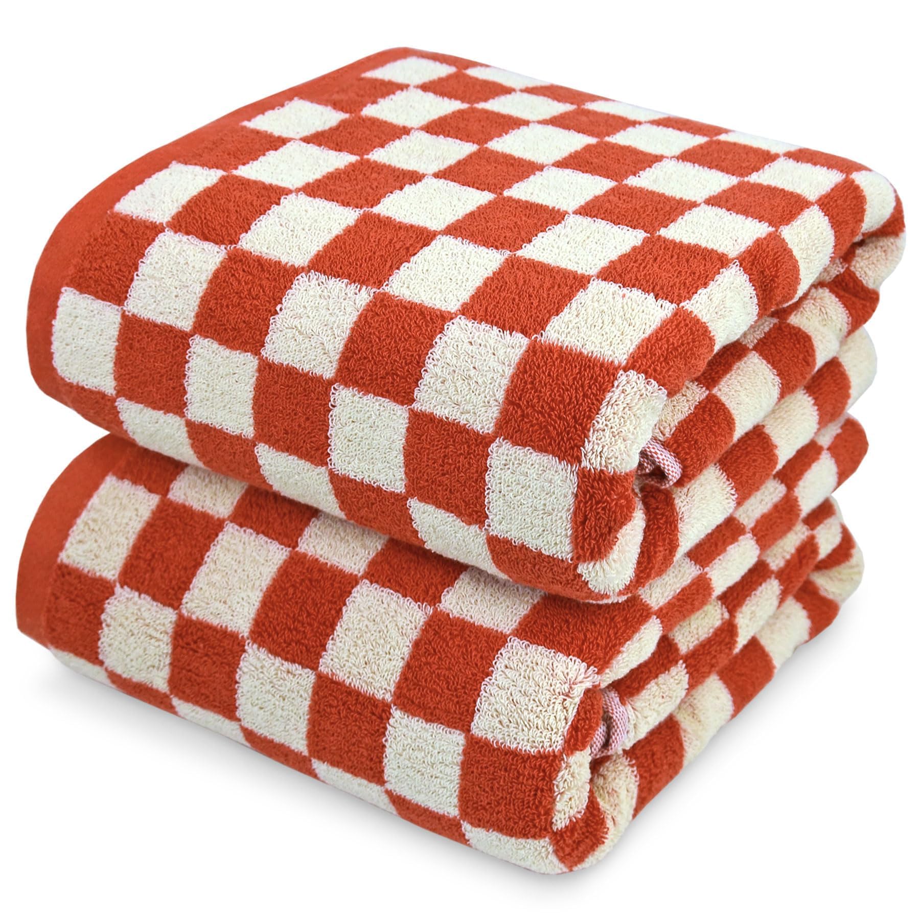 Photo 1 of Jacquotha Ultra Soft Bath Towels 2 Pack - 520 GSM Cotton Highly Absorbent Checkered Towels Set for Bathroom Shower Pool Travel 55" x 28"(Coral)
