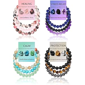 BOMAIL 12pcs Natural Stone Bracelet for Women Healing Crystal Bead bracelet | 8mm Round Semi-Precious Stone,Tiger eye,Handmad