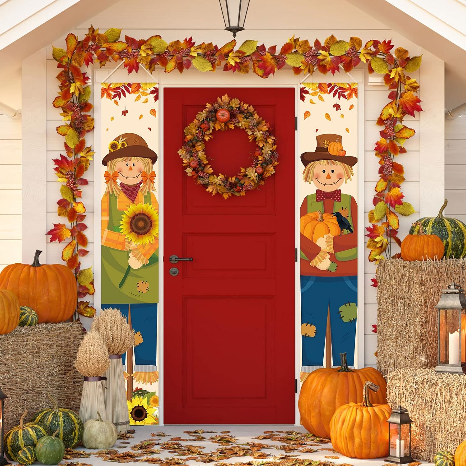 Yard Signs - 2 Pcs Thanksgiving Porch Sign Banner Fall Harvest Banner Autumn Scarecrow Maple Leaves Pumpkin Hanging Door Sign for Indoor Outdoor Home Party Decorations, 12 x 71 Inch