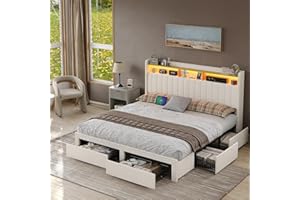 King Size Bed Frame with 6 Storage Drawers and Upholstered Headboard, Built-in LED Light & Charging Station, Noise Free, Easy