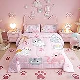 Erosebridal Kids Comforter Set Twin Size Cute Colorful Cats Bedding Set for Girls Kawaii Room Decor, Pink Pet Animal Paw Down Comforter Grey Orange Cat Bed Set Soft Quilt Duvet Set 1 Pillow Case