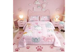 Erosebridal Kids Comforter Set Twin Size Cute Colorful Cats Bedding Set for Girls Kawaii Room Decor, Pink Pet Animal Paw Down