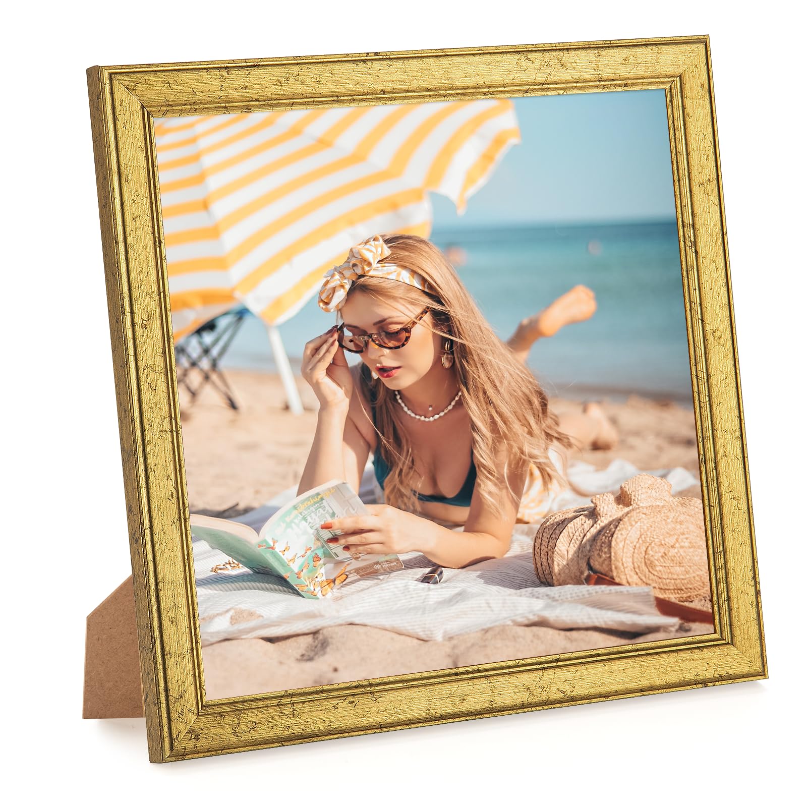 Photo 1 of MOUDAMION Wood 8x8 Frame Gold, Ornate Natural Wooden 8x8in Picture Frames, Modern Golden 8 x 8inch Gallery Photo Pic Frame with HD Plexiglass, Horizontal Vertical Wall Mounting Tabletop Display 1Pcs