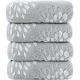 Pidada Hand Towels Set of 4 Hydrangea Floral Pattern 100% Cotton Absorbent Soft Decorative Towel for Bathroom (Light Grey)