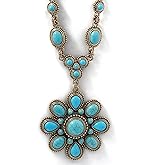 Jessica Simpson Womens Large Turquoise Stone Flower Necklace 16" - Silver or Gold-Tone Turquoise Statement Necklace