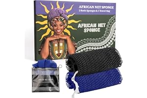 Bathway African Net Sponge Authentic with Handles (Set of 2), African Exfoliating Net Sponge, Exfoliating Body Scrubber Bath Sponge - Bathing Accessories with Storage Bag (Blue & Black)
