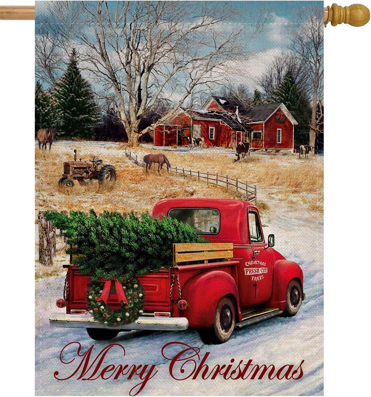 Dyrenson Merry Christmas 28 x 40 House Flag Red Truck Double Sided, Xmas Farmhouse Quote Burlap Garden Yard Decoration, Rustic Winter Vintage Seasonal Outdoor Décor Decorative Large Flag for Holiday