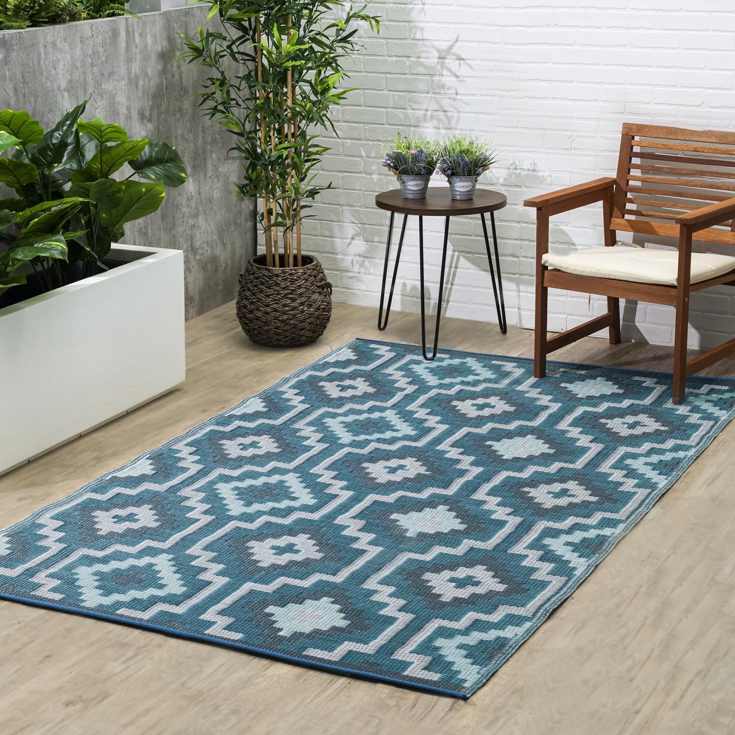 Fab Habitat Outdoor Rug - Waterproof, Fade Resistant, Crease-Free, Reversible - Premium Recycled Plastic - Vintage Boho Kilim - Patio, Deck, Porch, Balcony, Laundry Room - Lhasa - Teal - 4 x 6 ft Image