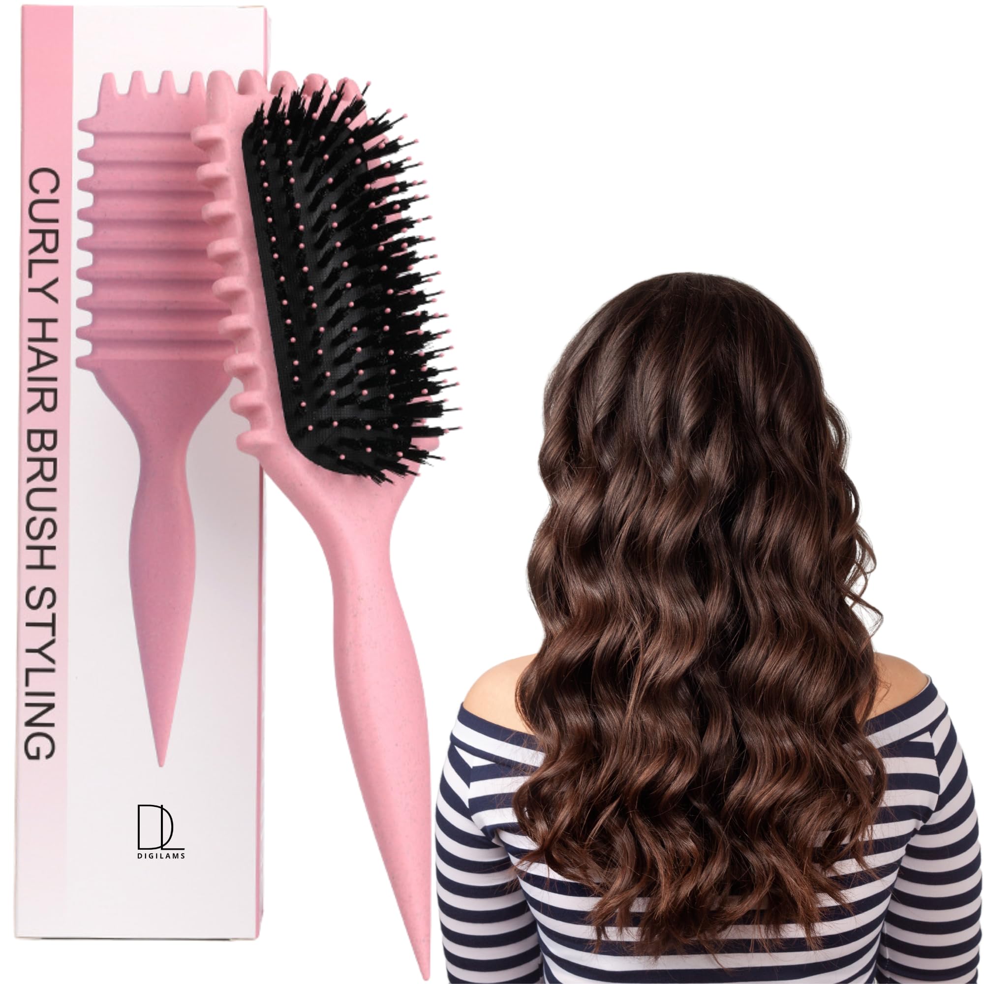 Digilams Curly Hair Brush | Curl Defining Brush, Detangle & Boar Bristle Hair Brush | Bounce Curl Brush, Define Curls Brush | Perfect Hairbrushes for Women and Girls (Pink)