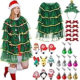Mepase 32 Pcs Christmas Tree Costumes Outfit for Women Including Xmas Cloak Christmas Tree Headband with 10 Hair Clips 10 Bow Clips 10 Xmas Balls Decor for Holiday Party Costume Cosplay Covers