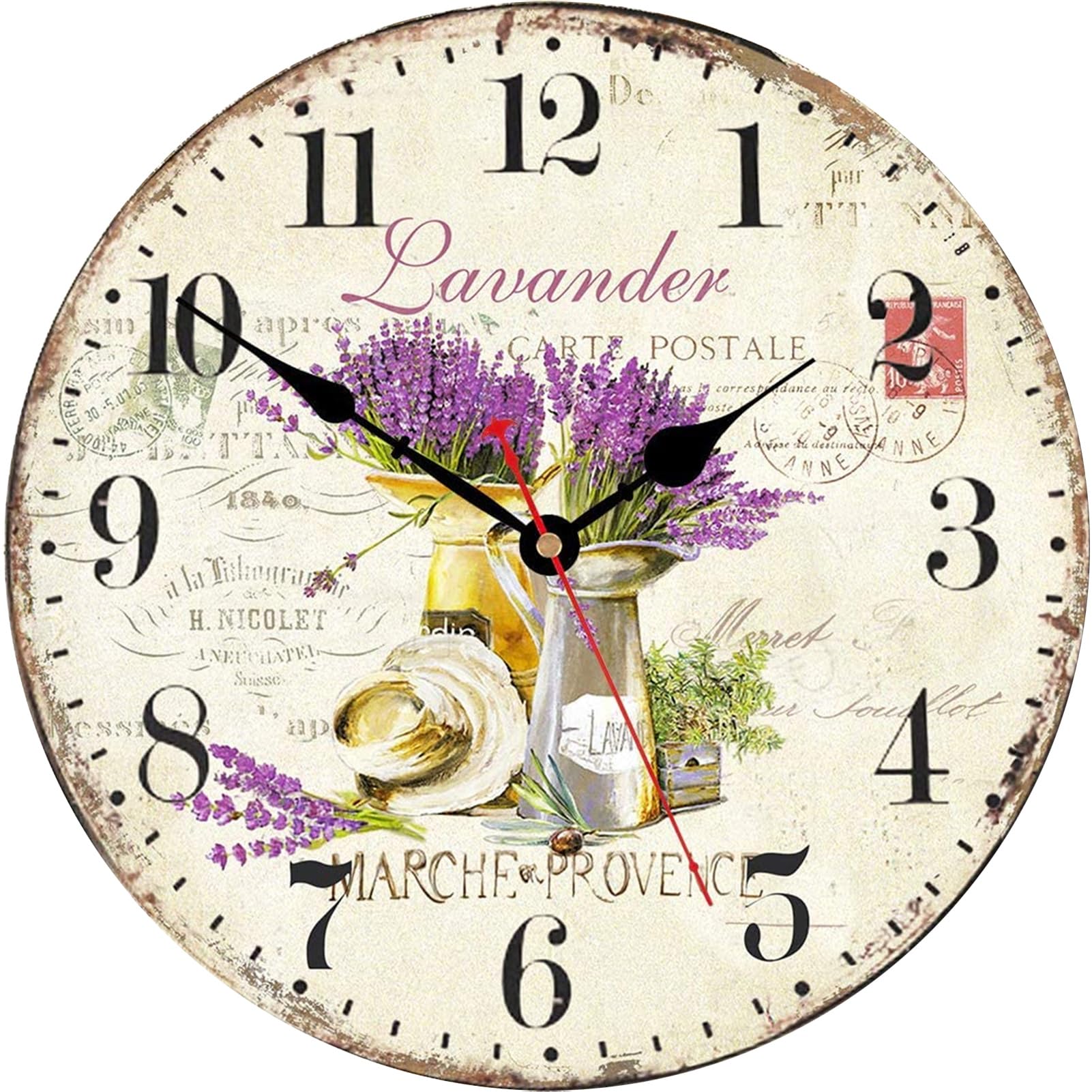 TAHEAT 12 Inch Lavender Wall Clock, Vintage French Paris Provence Kitchen Clock, Silent Non Ticking Countryside Wall Clocks for Living Room Bedroom Bathroom Office