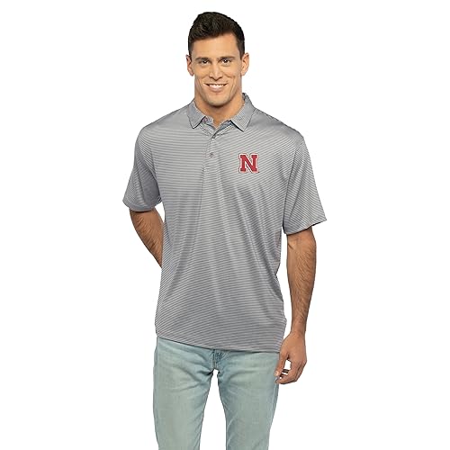 Vantage Apparel Men's College Moisture Wicking Premium Stretch Fit Striped Polo, Nebraska Cornhuskers, Gray, Large