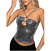 RoseSeek Women's Rhinestone Halter Tops Fitted Cut Out Crop Tops Y2k Disco Party Outfits