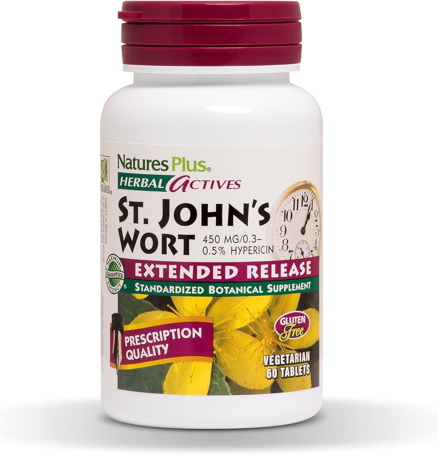 NaturesPlus Herbal Actives St John's Wort, Extended Release - 450 mg, 60 Vegan Tablets - Natural Mood Enhancer Supplement - Vegetarian, Gluten-Free - 60 Servings: Health & Personal Care