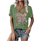 Wudlads Retro Cowboy Graphic T Shirt for Women Vintage Country Music Hollowed Short Sleeve Shirts Summer V Neck Casual Tops