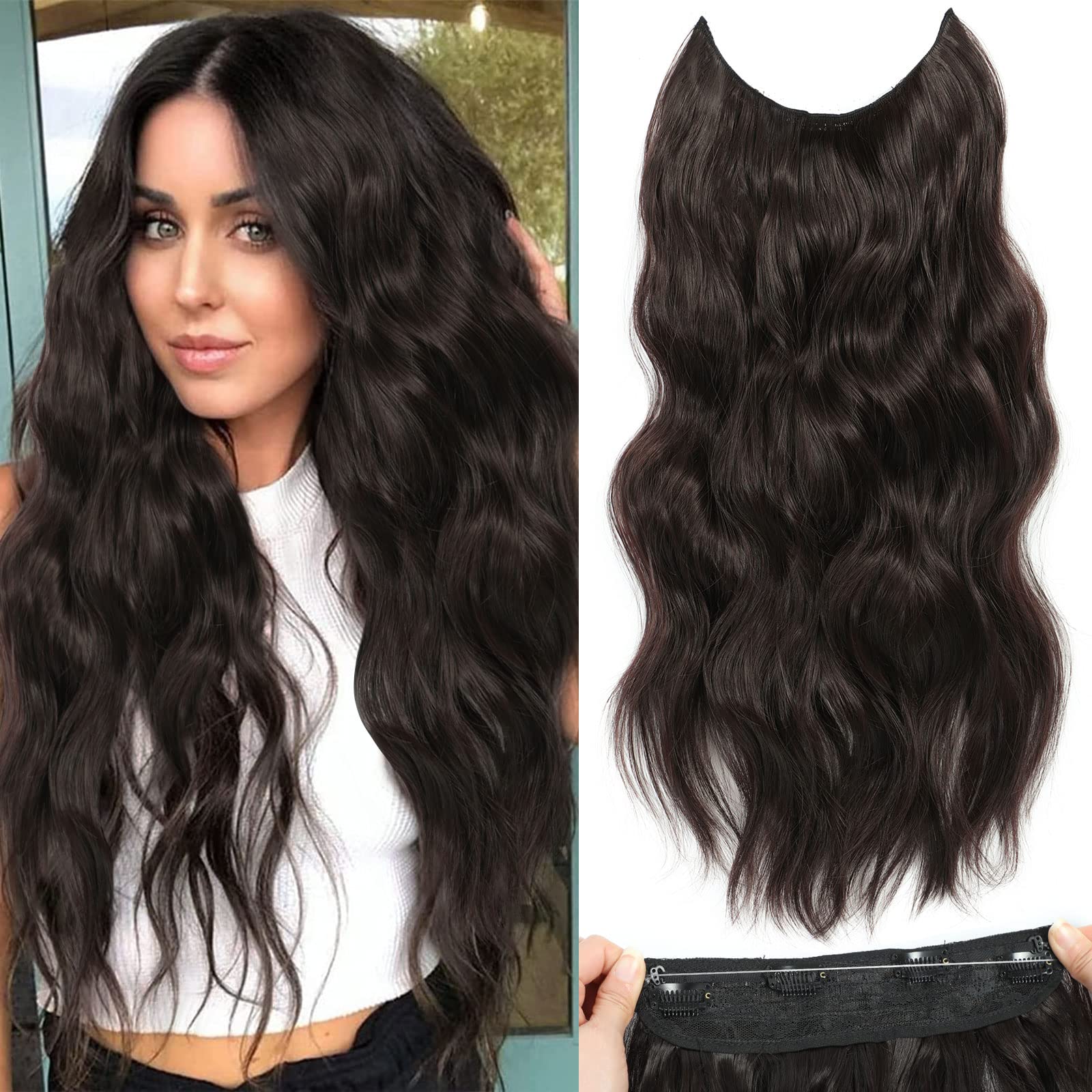 Photo 1 of BUPPLER Halo Hair Extensions 20 Inch Invisible Wire Hair Extensions Adjustable Long Wavy Hairpiece Synthetic Upgrade 4 Secure Clips in Hairpieces 20 Inch,Black Brown