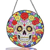 Sugar Skull Mexican Party Decorations - 7.8in Marigold Skull Stained Glass Window Hanging Sun Catcher