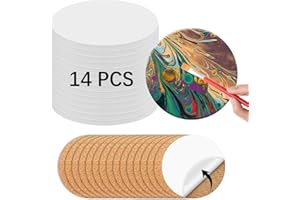ANPUIMULT 14 PCS Round Ceramic Tiles for Crafts 4x4 inches and self Adhesive Cork mat, unglazed Ceramic Coasters for Crafts ，Use with Alcohol Ink or Acrylic Pouring Make Your Own DIY Coasters